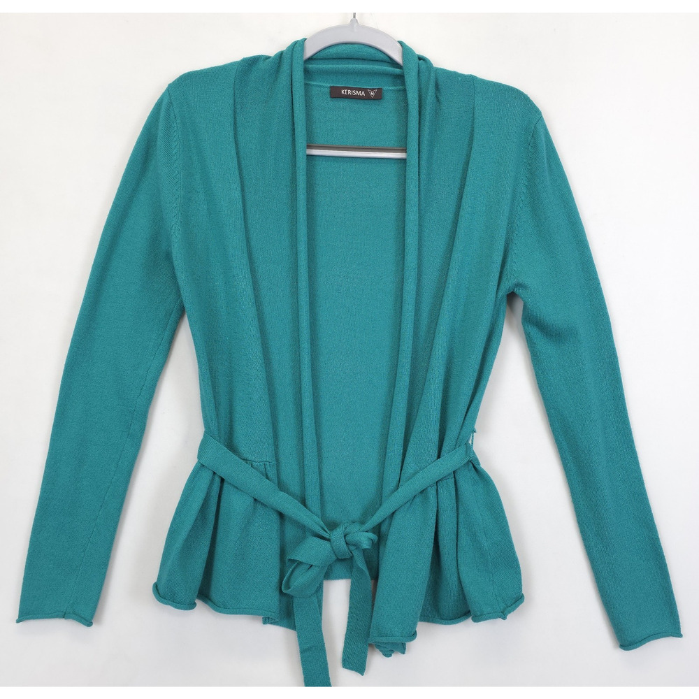 Kerisma Cardigan Sweater Cashmere Blend Ruffle Belted Women M Green Long Sleeve‎